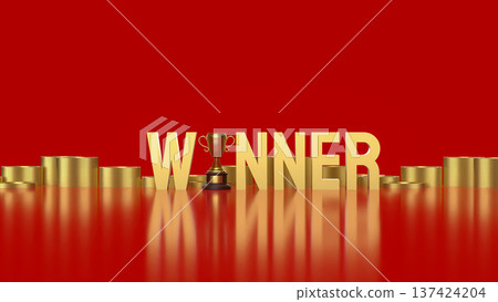 Golden Winner Text With Trophy And Coins Success Concept 3d render. 137424204