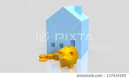Golden Piggy Bank with House Investment Concept 3d render. 137424209