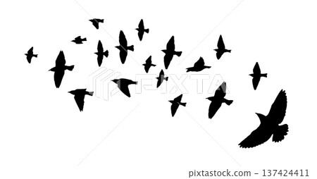 Flying birds silhouette flock. hand drawing. Not AI. Vector illustration Flying birds silhouette flock. hand drawing. Not AI. Vector illustration 137424411