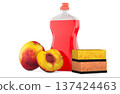 Peach dishwashing liquid with sponges. 3D rendering 137424463