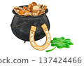 Saint Patricks Day, concept with pot of gold with horseshoe and four leaf clover. 3D rendering 137424466