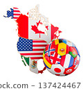 Soccer World Cup with USA Canada Mexico map, flags and soccer ball with country flags. 3D rendering 137424467