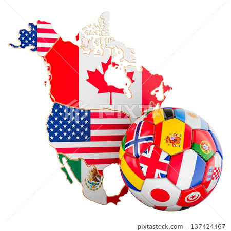 Soccer World Cup with USA Canada Mexico map, flags and soccer ball with country flags. 3D rendering 137424467