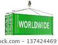 WORLDWIDE concept with shipping container on crane hook. 3D rendering 137424469