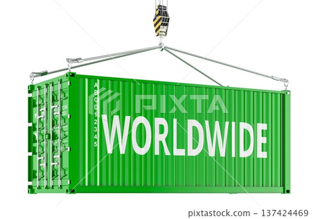 WORLDWIDE concept with shipping container on crane hook. 3D rendering WORLDWIDE concept with shipping container on crane hook. 3D rendering 137424469