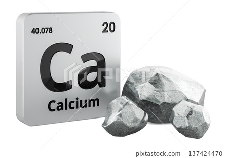 Calcium element tile with Ca symbol and calcium pieces. 3D rendering Calcium element tile with Ca symbol and calcium pieces. 3D rendering 137424470