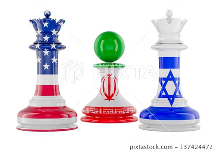 Chess pieces with USA, Iran and Israel flags, war conflict concept. 3D rendering Chess pieces with USA, Iran and Israel flags, war conflict concept. 3D rendering 137424472