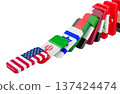 Domino chain with flags of USA, Iran, Israel and other Middle East countries as metaphor of geopolitical escalation, regional war and chain reaction, 3d rendering 137424474