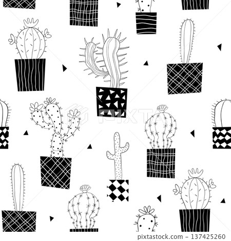 Vector seamless pattern with black and white cactus plants in pots with differnet designs for fabric, textile and backgrounds Vector seamless pattern with black and white cactus plants in pots with differnet designs for fabric, textile and backgrounds 137425260