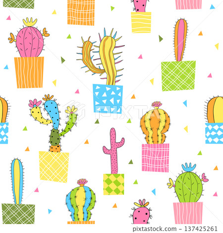 Cute vector seamless pattern with colorful cactus plants in pots for backgrounds and graphic design Cute vector seamless pattern with colorful cactus plants in pots for backgrounds and graphic design 137425261