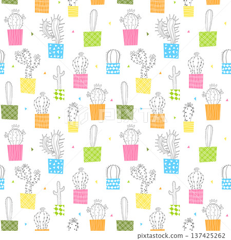 Vector seamless pattern with colorful cactus plants in pots with differnet motifs for fabric, textile designs and backgrounds Vector seamless pattern with colorful cactus plants in pots with differnet motifs for fabric, textile designs and backgrounds 137425262