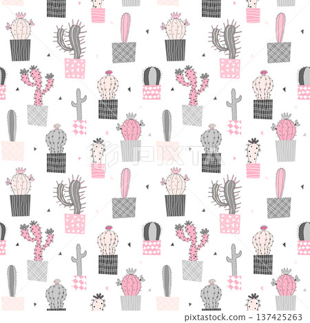 Vector seamless pattern with succulents in pots in gray and pink colors on white background. Elegant cactus design for clothing, fabric and paper. Vector seamless pattern with succulents in pots in gray and pink colors on white background. Elegant cactus design for clothing, fabric and paper. 137425263