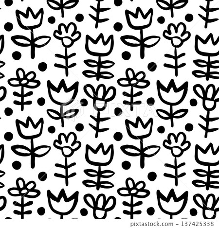 Cute black and white simple vector flower seamless pattern, floral minimalist design, botanical sketch background Cute black and white simple vector flower seamless pattern, floral minimalist design, botanical sketch background 137425338