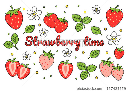 Fresh strawberry set with ripe berries leaves bright summer fruit collection Fresh strawberry set with ripe berries leaves bright summer fruit collection 137425359