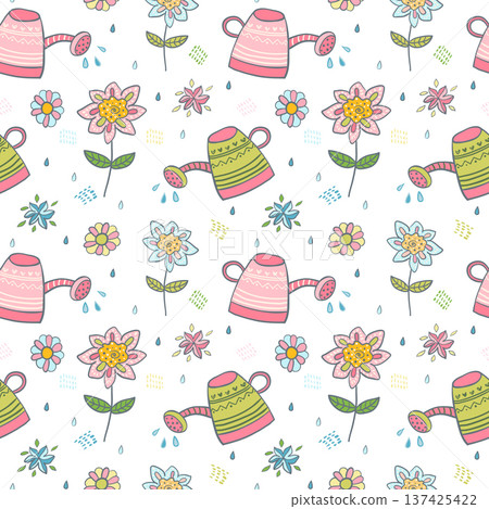 Seamless vector pattern with flowers and watering cans on white background - garden theme 137425422