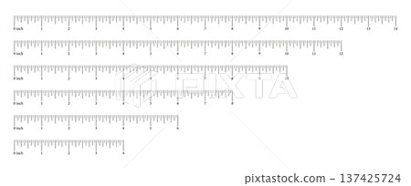 Ruler scales four, six, eight, ten, twelve, fourteen inch. Measuring chart 4, 6, 8, 10, 12, 14 inches. Sewing tool black icons. Set of length measurement math, distance, height templates. 137425724