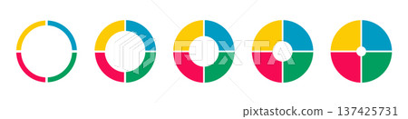Set of wheels divided in four sections. Pies, donut charts segmented on 4 equal parts. Diagrams infographic multicolored. Circle section graph. Pizza chart round layout icons. Loading bar mockups. Set of wheels divided in four sections. Pies, donut charts segmented on 4 equal parts. Diagrams infographic multicolored. Circle section graph. Pizza chart round layout icons. Loading bar mockups. 137425731