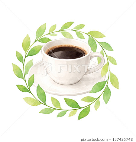 可愛的咖啡館素材，包含水彩咖啡杯、手繪咖啡和裝飾圖示集 137425748