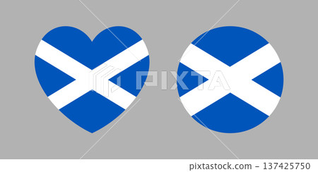 Scotland round, heart flag stickers. Set of Scottish circle, heart symbols, badges. Flag button, banner, icon, background. 137425750