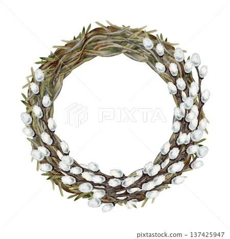 Watercolor wreath with willow branches. Botanical illustration clipart of spring renewal and Easter celebration isolated on white background for wedding, invitations, cards and seasonal design Watercolor wreath with willow branches. Botanical illustration clipart of spring renewal and Easter celebration isolated on white background for wedding, invitations, cards and seasonal design 137425947