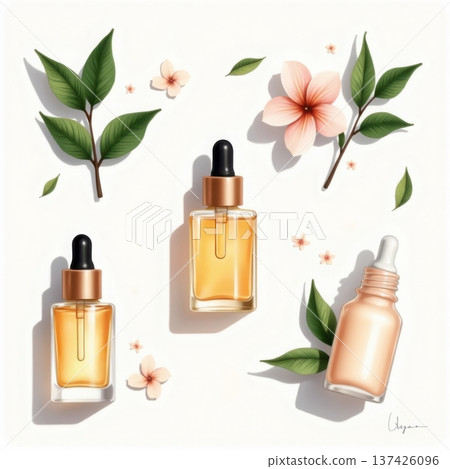 A top-down view of three dropper bottles containing golden liquid, surrounded by leaves and flowers 137426096