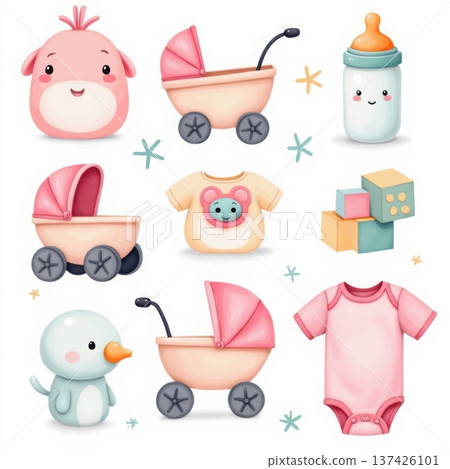 Baby shower nursery set featuring pink strollers clothes toys feeding bottle and cute characters 137426101