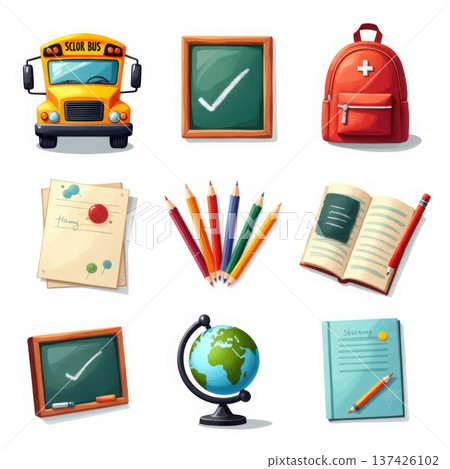 Back to school education icons set with bus blackboard backpack pencils globe and notebook design 137426102