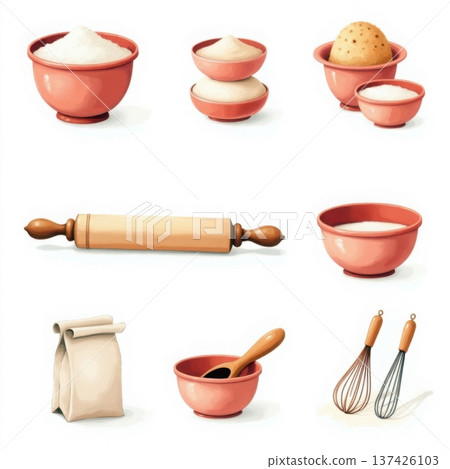 Baking ingredients and tools in bowls and on surface for cooking and pastry preparation Baking ingredients and tools in bowls and on surface for cooking and pastry preparation 137426103