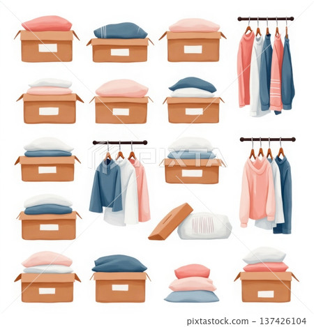 Boxes filled with clothes and pillows ready for moving or storage, organized household items Boxes filled with clothes and pillows ready for moving or storage, organized household items 137426104