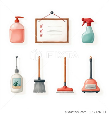 Cleaning supplies for home and office hygiene top view of domestic cleaning tools and checklist 137426111