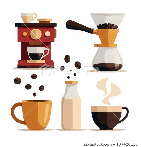 Coffee preparation set with espresso machine pour over dripper milk bottle and roasted beans art Coffee preparation set with espresso machine pour over dripper milk bottle and roasted beans art 137426113