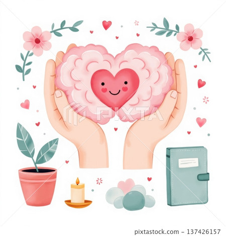 Mental health awareness concept illustration with human hands holding heart shaped brain over white 137426157