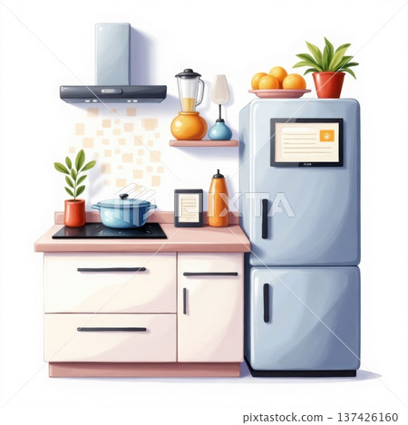 Modern kitchen interior with smart refrigerator and cooking appliances in flat vector cartoon style 137426160