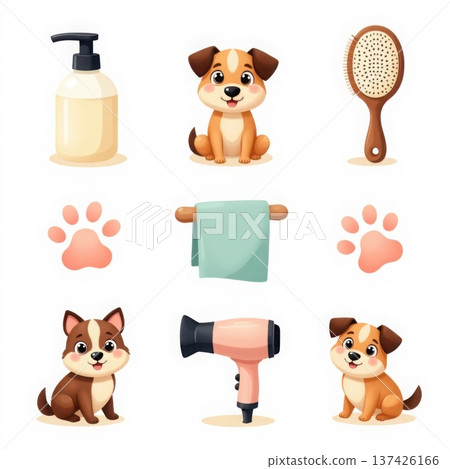 Pet grooming essentials set with shampoo, brush, towel, hairdryer, and adorable puppies Pet grooming essentials set with shampoo, brush, towel, hairdryer, and adorable puppies 137426166
