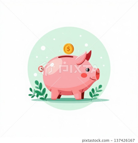 Pink piggy bank illustration with golden coin and green leaves on soft circular background design Pink piggy bank illustration with golden coin and green leaves on soft circular background design 137426167