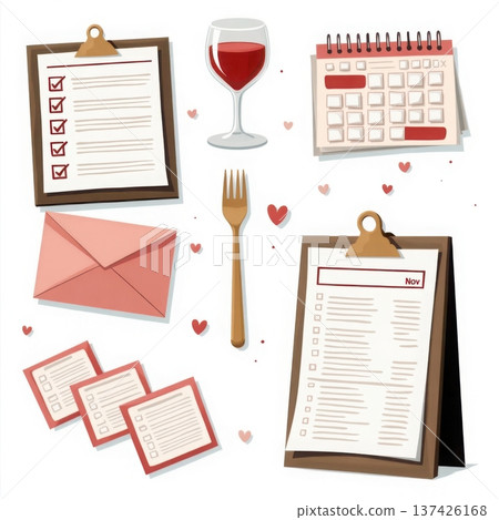 Planning for romantic dinner date with checklist wine glass and calendar flat vector illustrations Planning for romantic dinner date with checklist wine glass and calendar flat vector illustrations 137426168