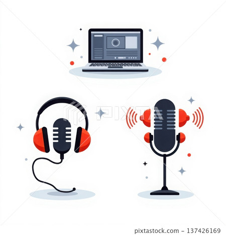 Podcasting setup laptop headphones and microphones for audio recording Podcasting setup laptop headphones and microphones for audio recording 137426169