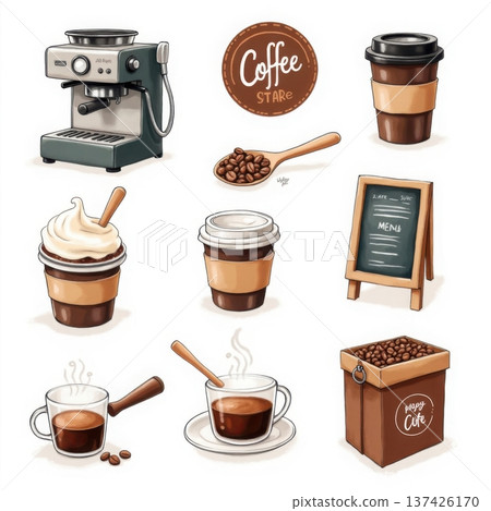 Professional cafe equipment and beverage menu icons including espresso machine and takeaway cups Professional cafe equipment and beverage menu icons including espresso machine and takeaway cups 137426170