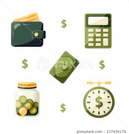 Set of financial icons: wallet with cards, calculator, money, savings jar, and stopwatch Set of financial icons: wallet with cards, calculator, money, savings jar, and stopwatch 137426178
