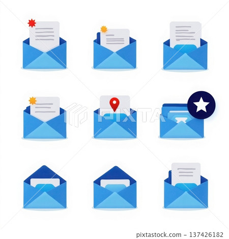 Set of nine blue envelope icons with different document statuses and notifications on a white background 137426182