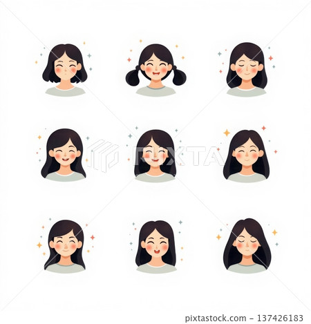 Set of nine diverse cute young girls portraits with various hairstyles and happy expressions 137426183