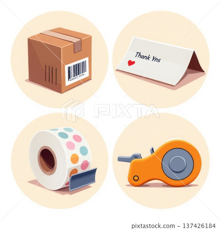 Shipping and packaging icons set featuring cardboard box thank you note tape roll and tape dispenser Shipping and packaging icons set featuring cardboard box thank you note tape roll and tape dispenser 137426184