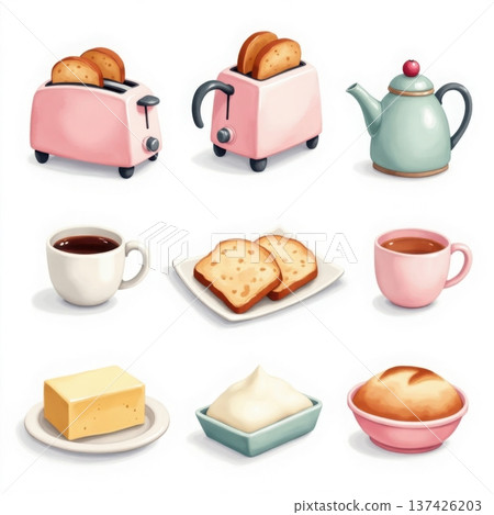 Vintage kitchen appliance set with pink toasters blue teapot coffee cups bread butter and creamers 137426203