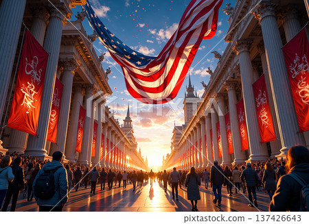 American flag drapes between buildings with people below American flag drapes between buildings with people below 137426643