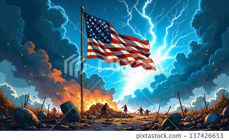 American flag flies over battlefield with lightning storm American flag flies over battlefield with lightning storm 137426653