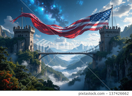 American flag flies over fantasy castle bridge 137426662