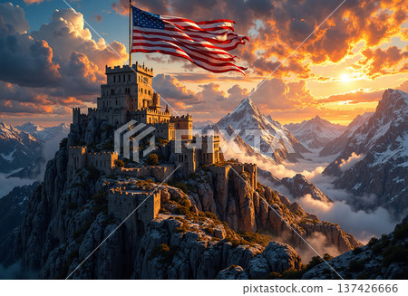American flag flies over majestic castle on mountain peak American flag flies over majestic castle on mountain peak 137426666