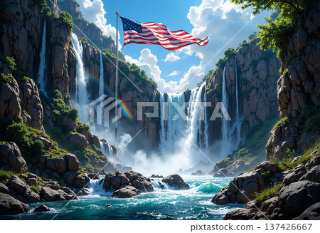 American flag flies over majestic waterfalls, nature American flag flies over majestic waterfalls, nature 137426667