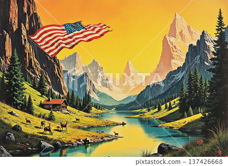 American flag flies over mountain river American flag flies over mountain river 137426668