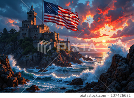 American flag flying above an ancient castle at sunset 137426681